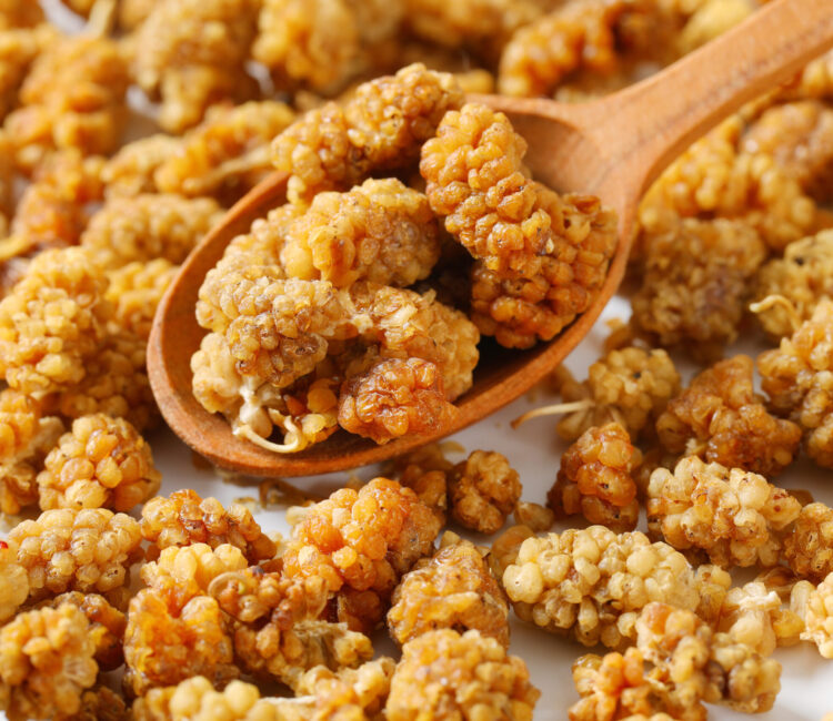 spoon of dried white mulberries - close up