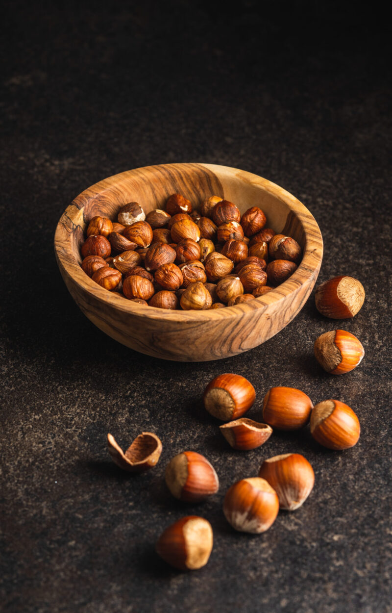 Hazelnuts. Many nuts in bowl.